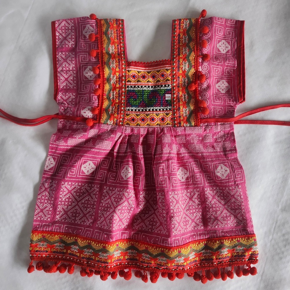BABY‎ GYPSY dress 6 month 12 month boho dress pink red, embellishments pompom